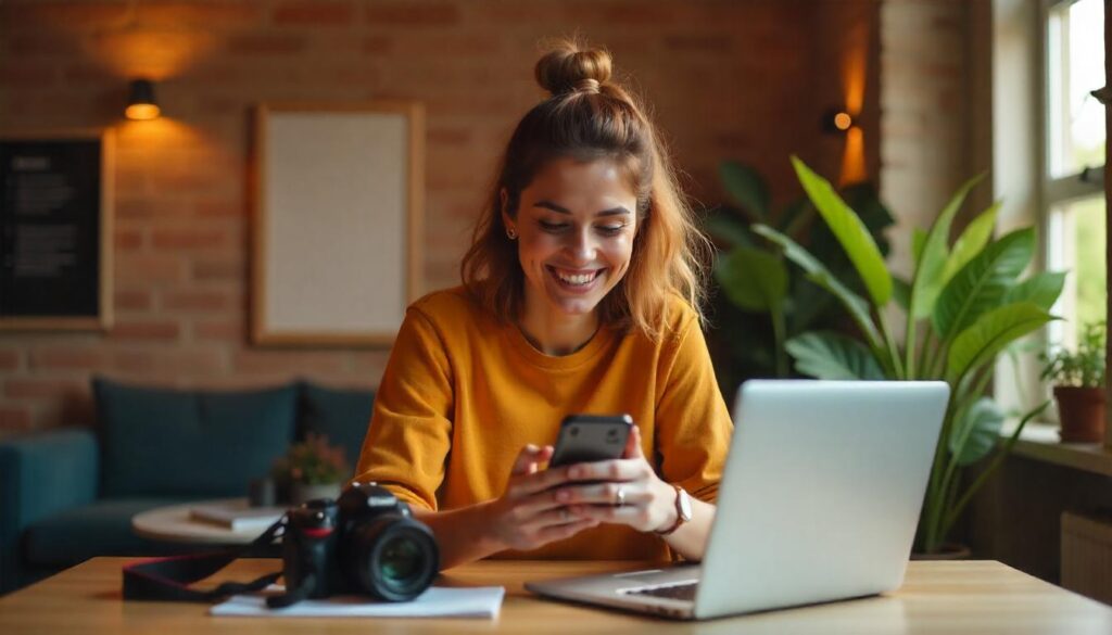 Fotógrafa sorridente usando celular e notebook enquanto planeja estratégias de marketing, com câmera profissional sobre a mesa e ambiente iluminado com luz natural.